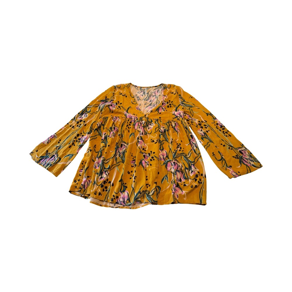 Free People Mustard Yellow Floral Babydoll Tunic V-Neck Bell Sleeve Blouse Small - Picture 2 of 5
